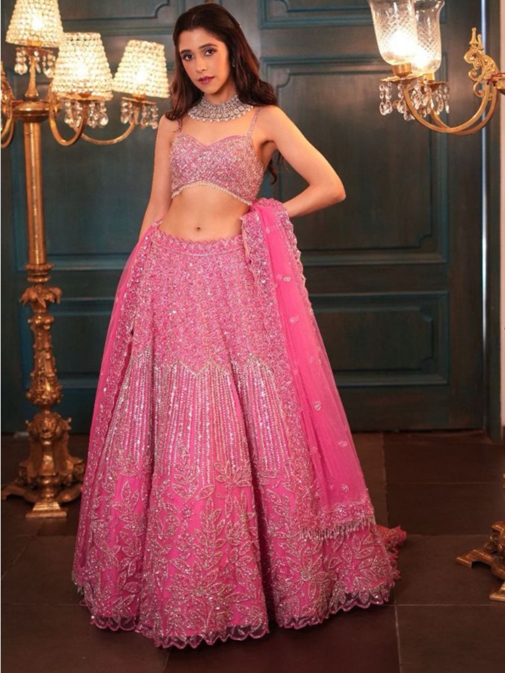 Embellished Pink Strapless Bridal Lehenga